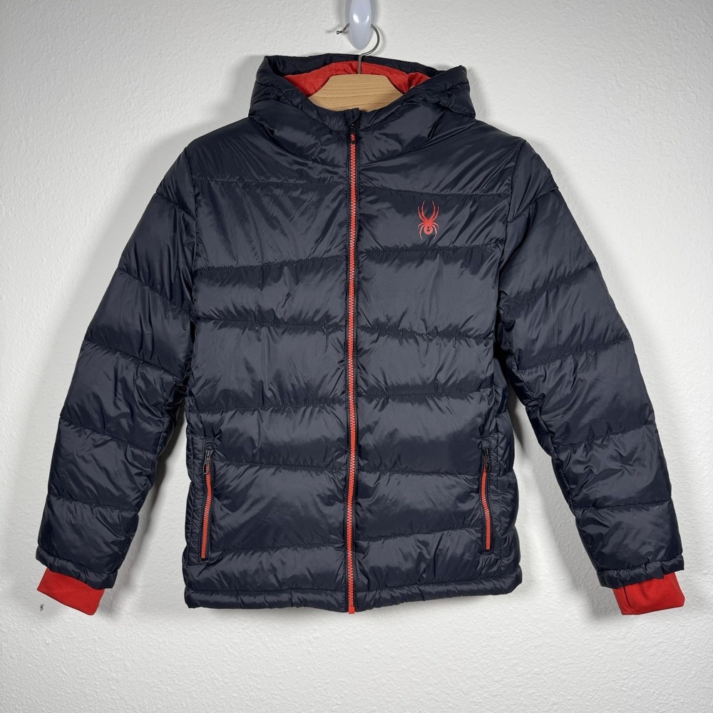 Spyder Youth Puffer Jacket Size L 14/16 Blue Red Hooded Winter Ski Coat